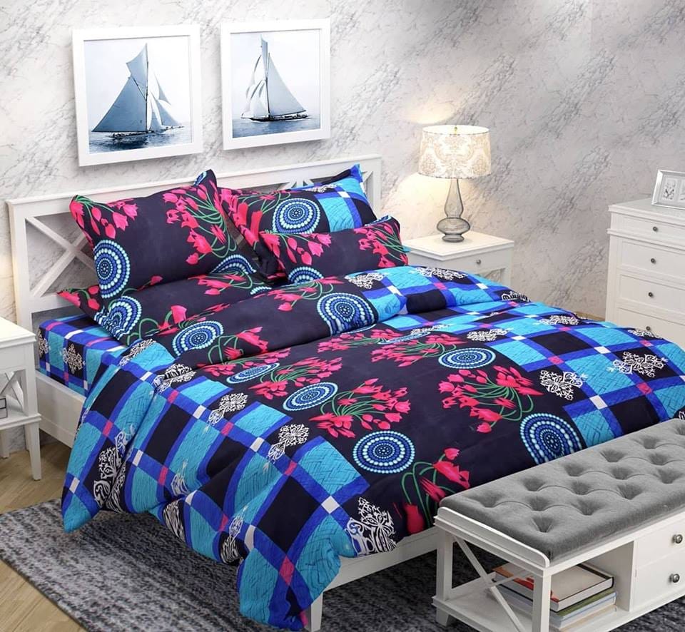 Red Rose Blue Moon Pattern Three Dimensional Bedsheet With  Two Pillow Covers   